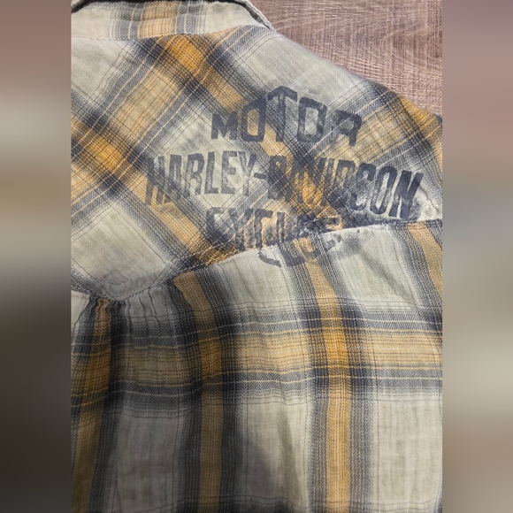 Harley-Davidson ($85) Women’s Plaid Button Up Shirt Western Moto Yellow Gray - Picture 8 of 8